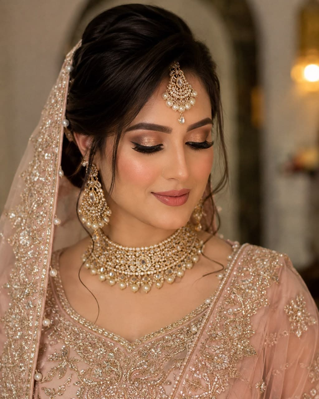 Bridal portrait in gold jewellery with a soft, luminous glam finish